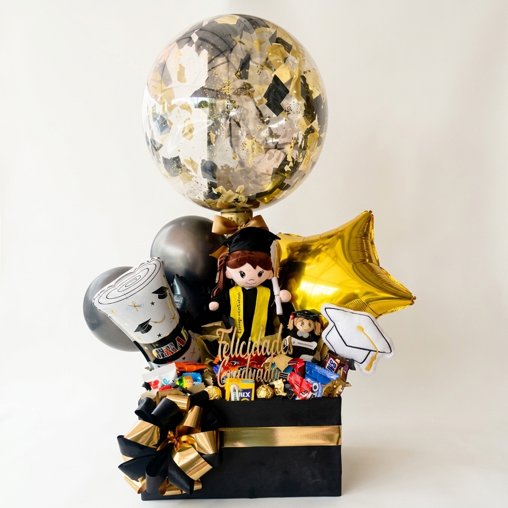 Caja con dulces, globos y peluche graduado.