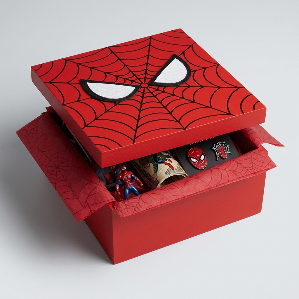 Caja roja temática con taza y accesorios del personaje.