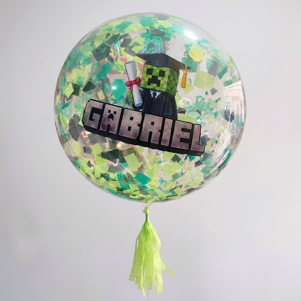 Globo transparente con confeti verde y nombre personalizado.