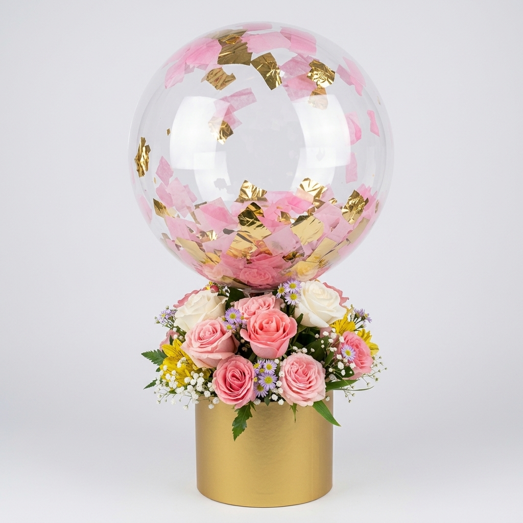Base dorada con rosas rosas y blanco más globo con confeti.