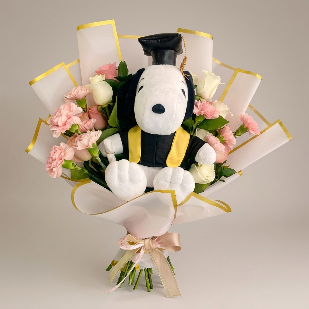 Bouquet de rosas y claveles con peluche de Snoopy graduado.