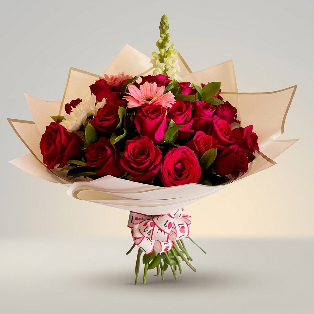Bouquet clásico de rosas rojas envuelto.