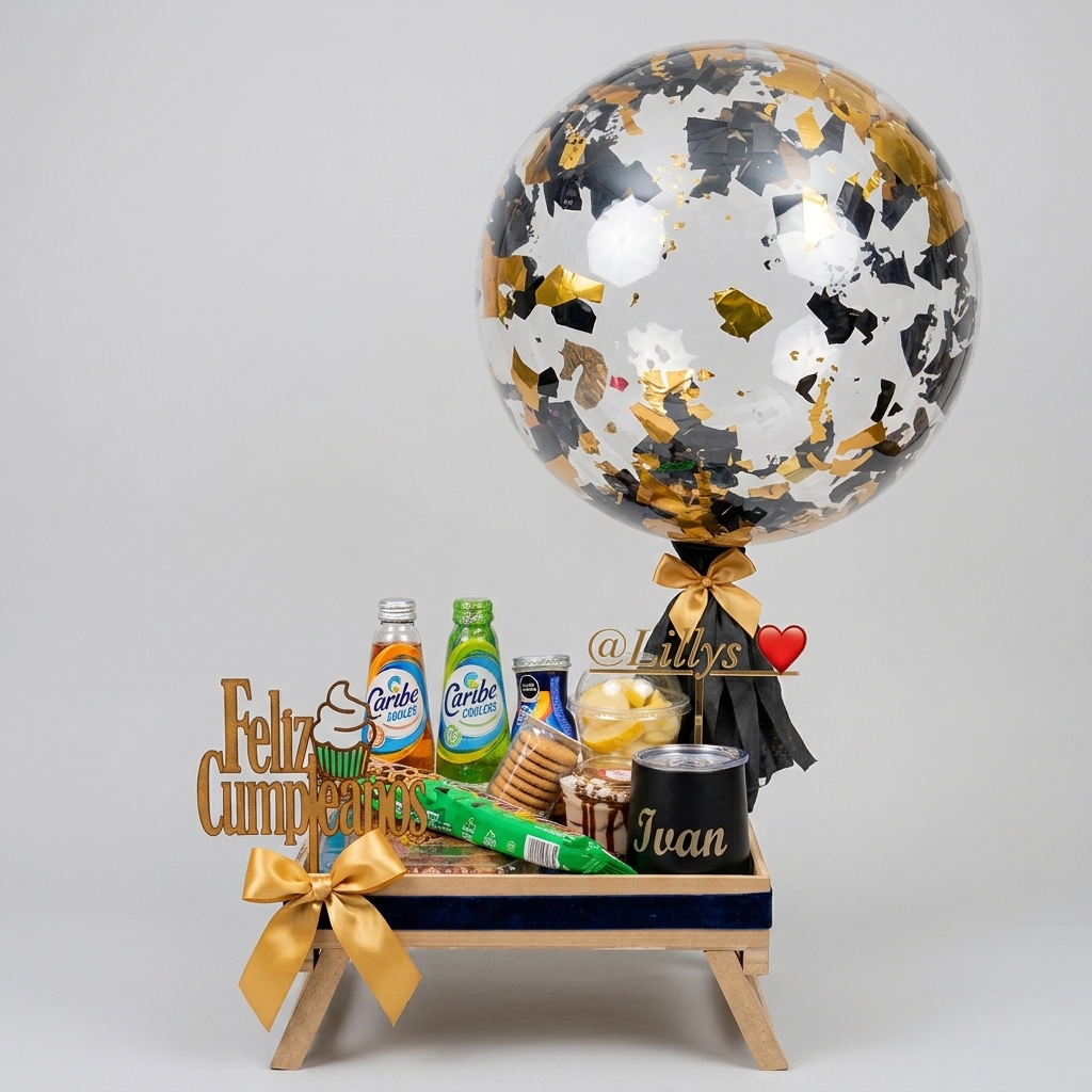 Charola con bebidas, snacks, termo y globo.