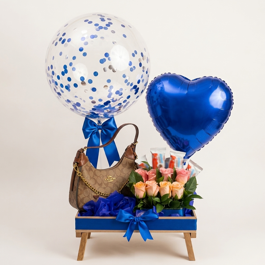 Base con rosas, bolso, regalos y globos azules.