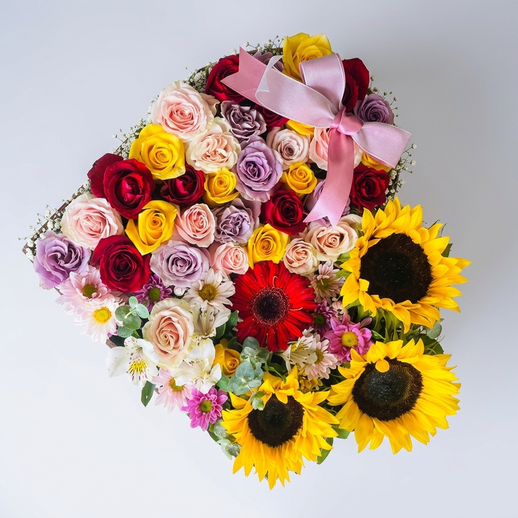 Arreglo en forma de corazón con girasoles y rosas.