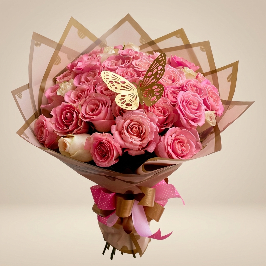 Bouquet de rosas rosa con mariposa dorada.
