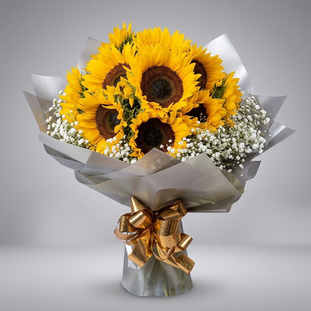Bouquet con girasoles vibrantes, nube blanca y envoltura plateada.