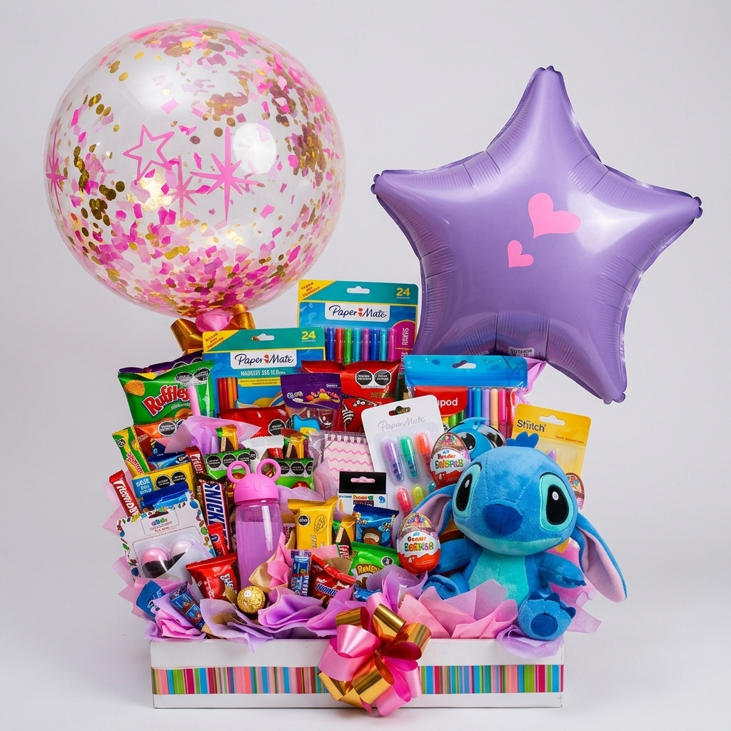 Arreglo con peluche de Stitch, dulces, útiles escolares y globos.