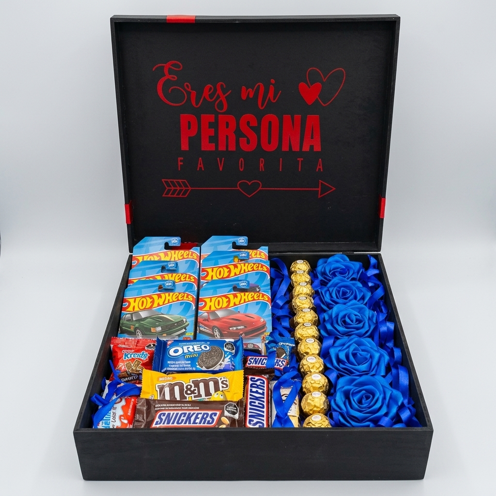Caja negra con carritos Hot Wheels, chocolates y rosas azules.
