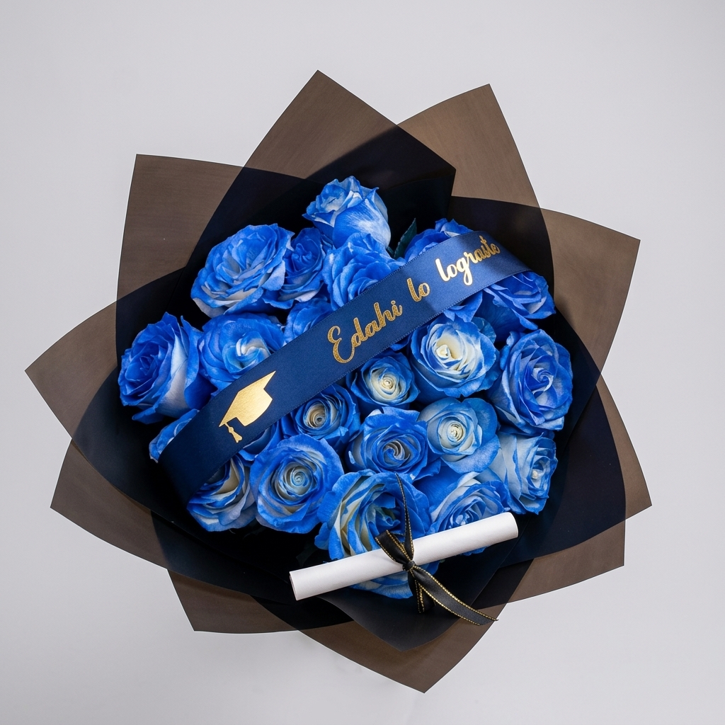 Rosas azules con cinta personalizada y diploma en envoltura negra.