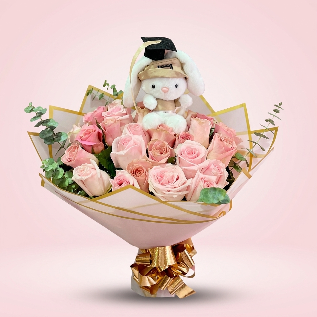 Rosas rosa pastel con peluche de conejito graduado al centro.