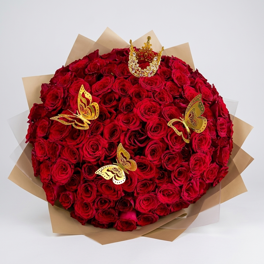 Bouquet de rosas rojas con mariposas doradas y corona.