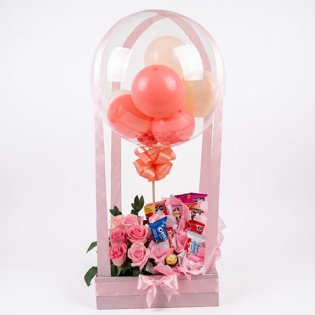 Estructura rosa con rosas, dulces y globos en tono pastel.