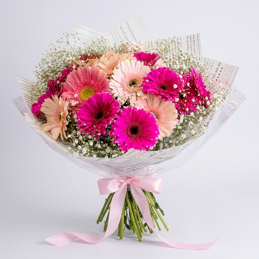 Bouquet de gerberas rosa y fucsia con nube blanca.