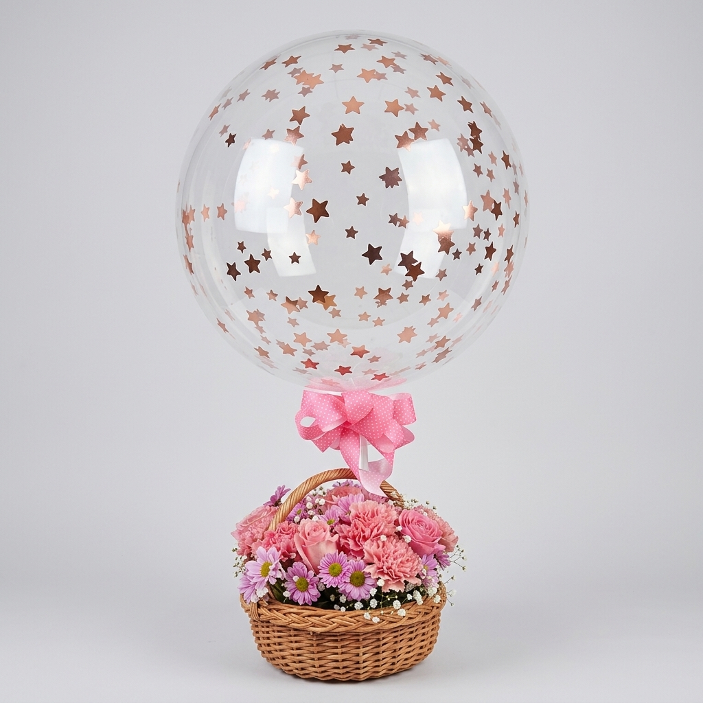 Cesta de mimbre con flores rosa y globo de estrellas.