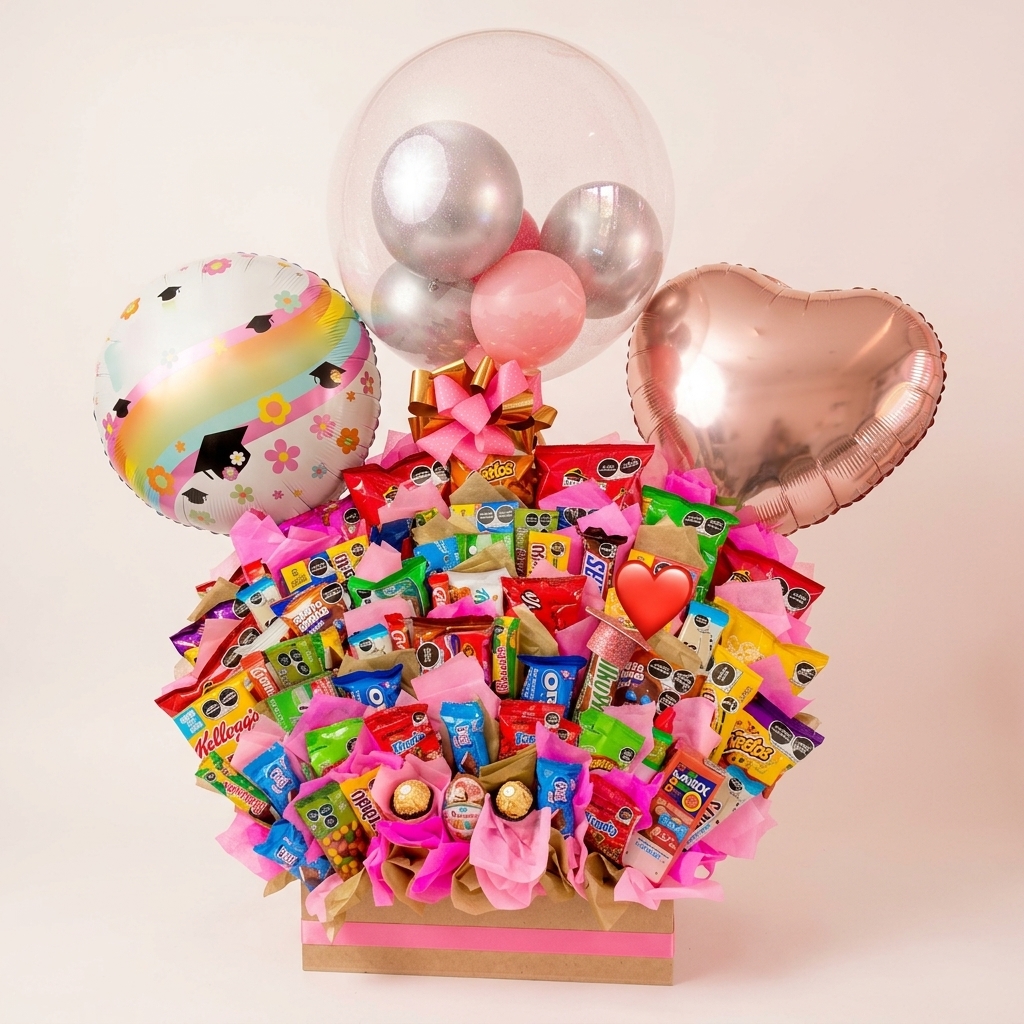 Explosión de golosinas con globos metálicos y de corazón.
