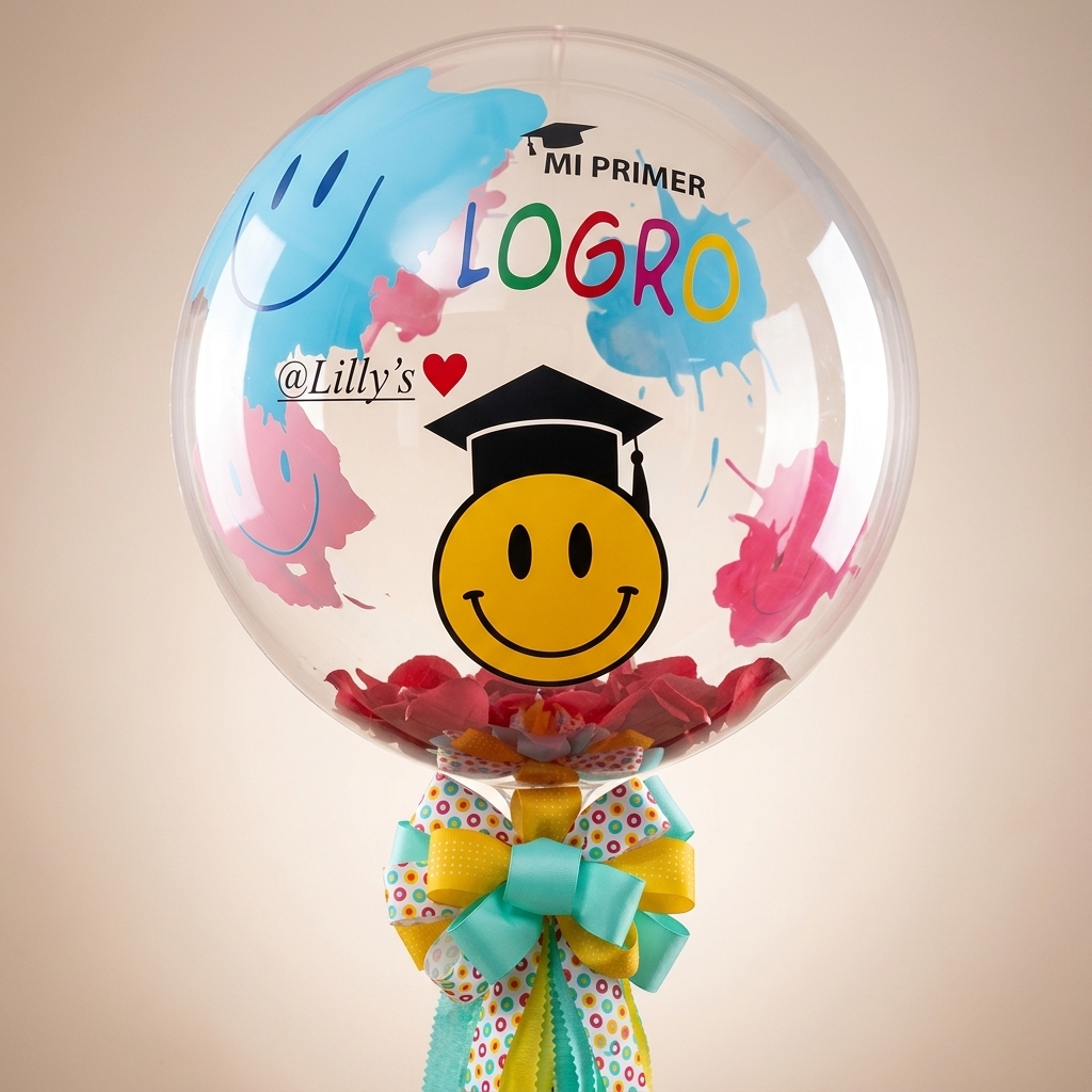 Globo esférico transparente con carita feliz y birrete graduado.