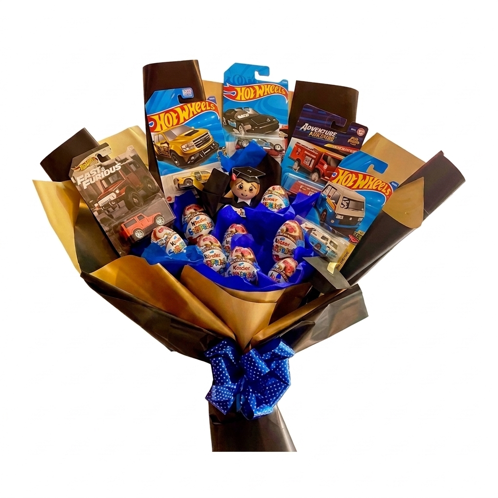 Bouquet envuelto con carritos Hot Wheels y chocolates.