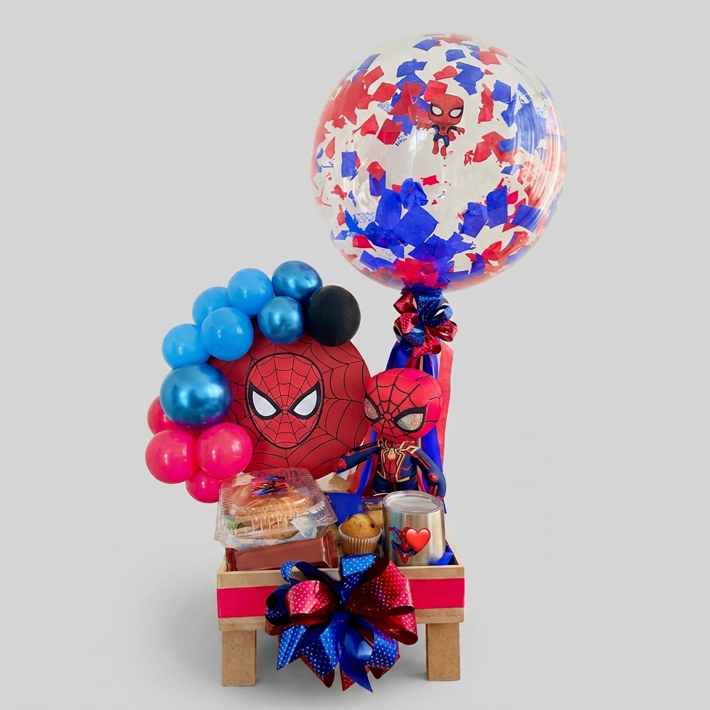 Base con peluche, botanas y globo de confeti Spider-Man.