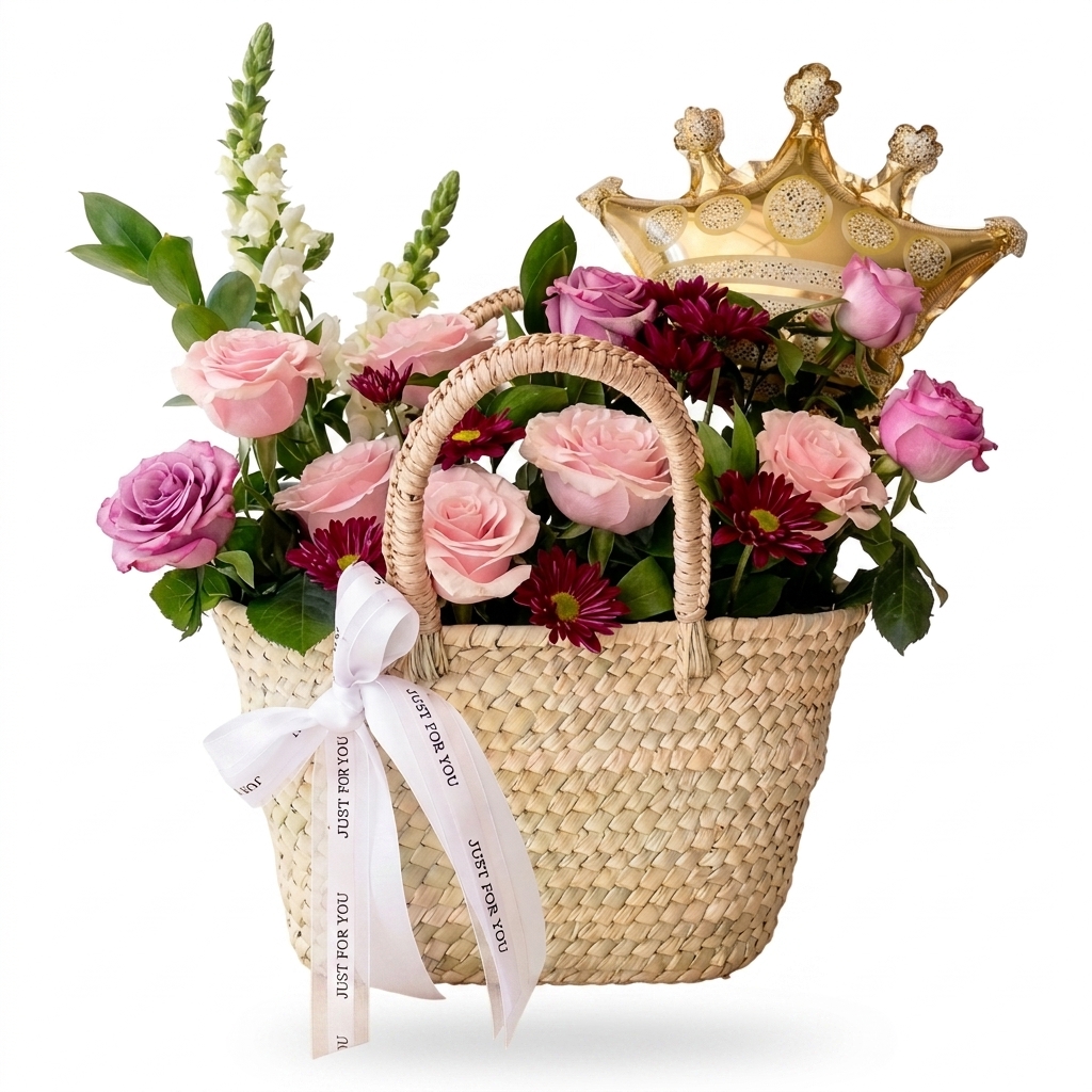 Cesta artesanal con flores rosa y corona dorada.