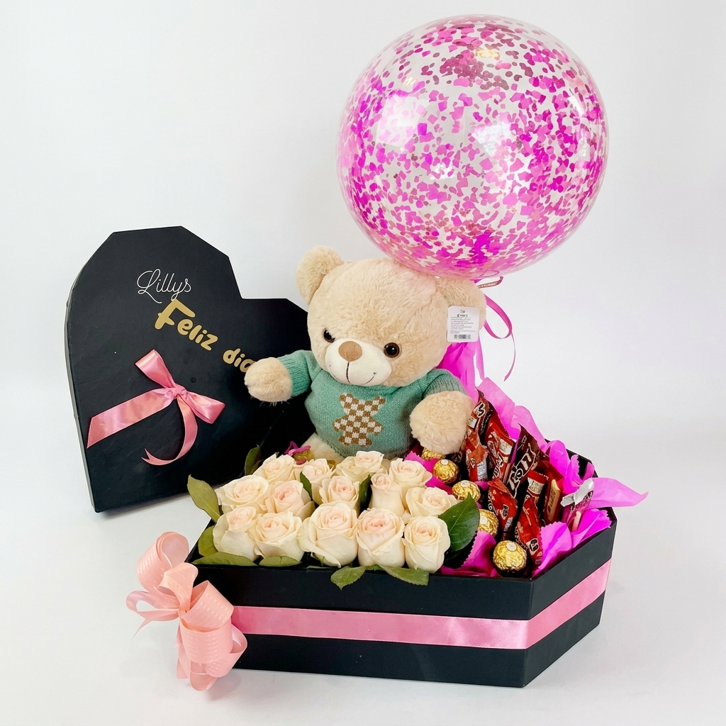 Peluche, rosas blancas, chocolates y globo de confeti rosa.