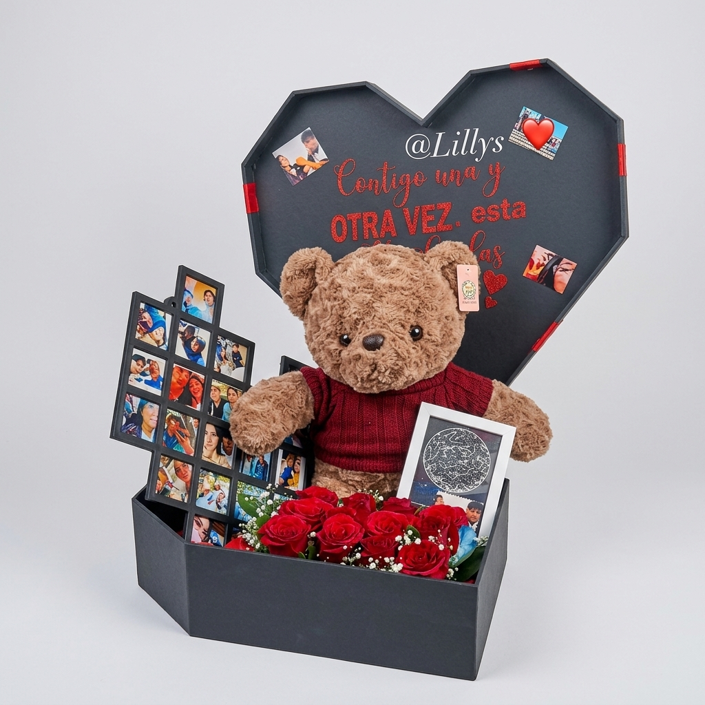 Oso de peluche, rosas rojas y fotos en caja negra.