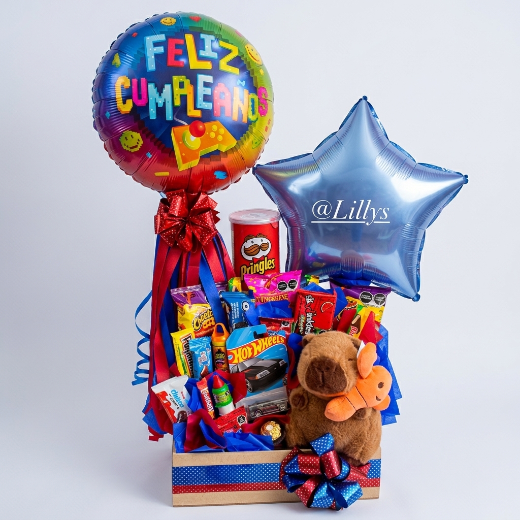 Botanas, perrito de peluche y globos de cumpleaños.