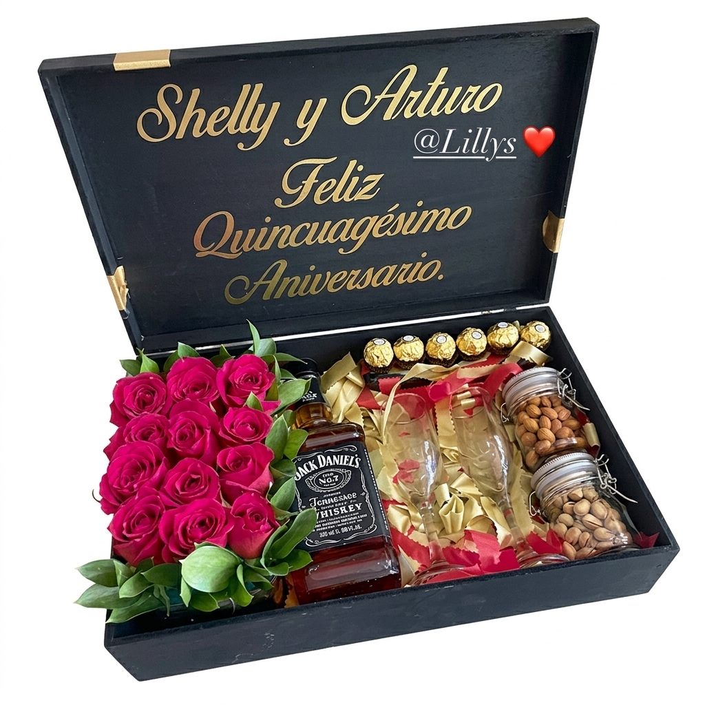 Rosas rojas, botella de Jack Daniel's y chocolates.