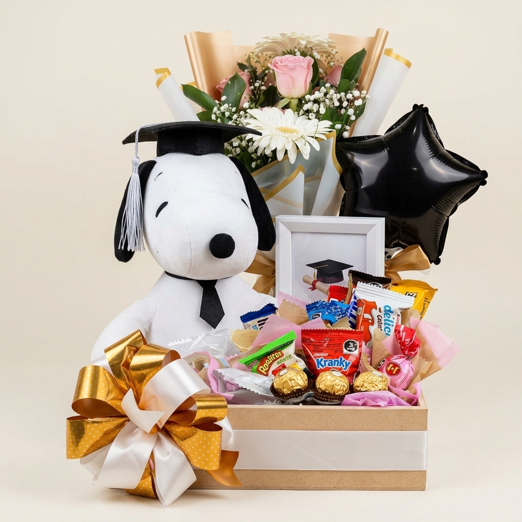 Peluche de Snoopy con chocolates, cuadro y globos.