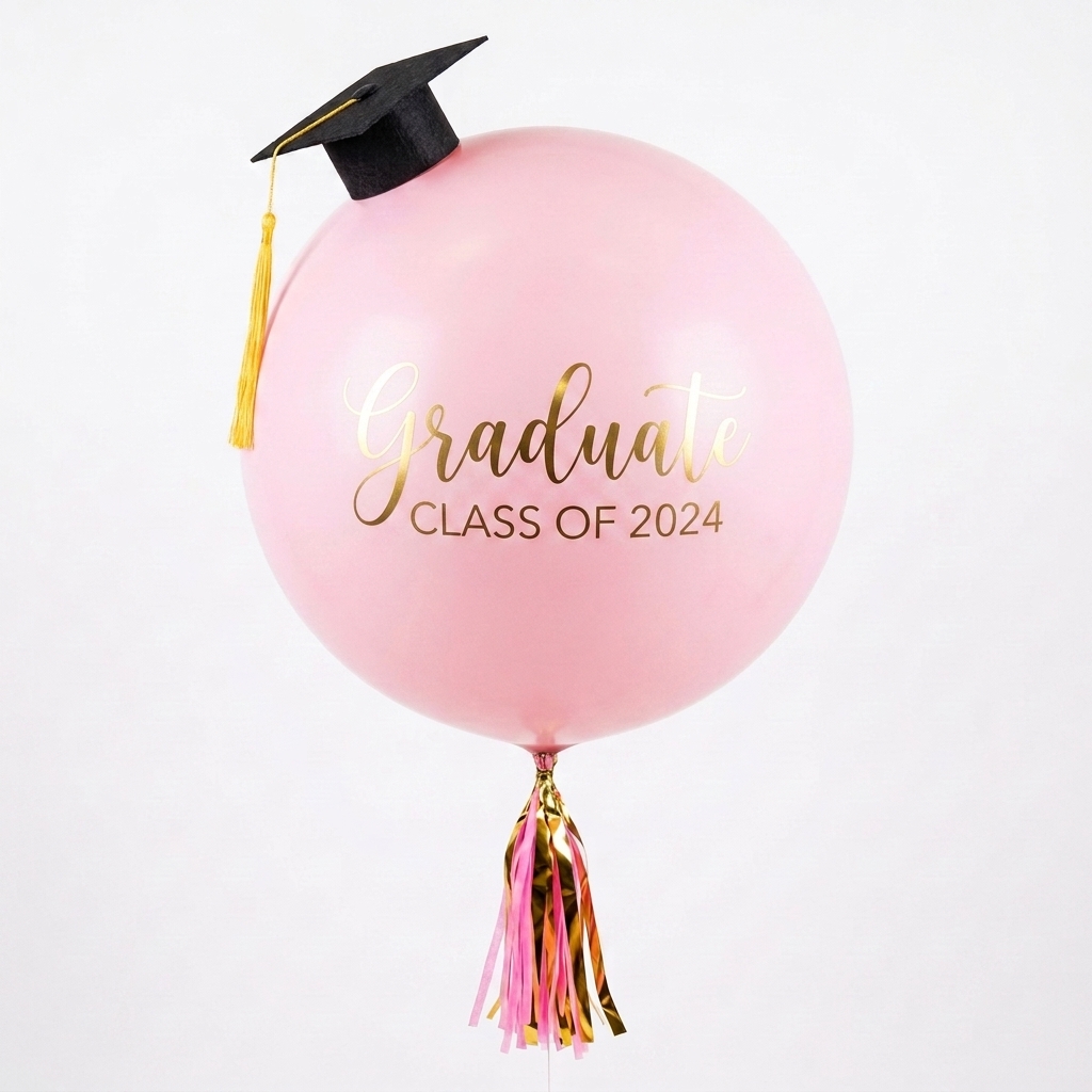 Globo rosa gigante con birrete y texto dorado.