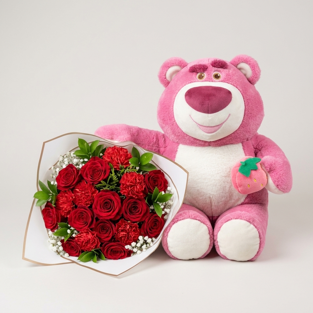Peluche de Lotso abrazando un ramo de rosas rojas.